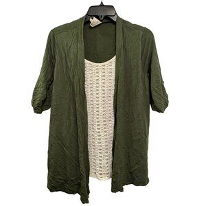 Naif Top Green Open-Front Cardigan With Crochet Tank Top Insert  Medium